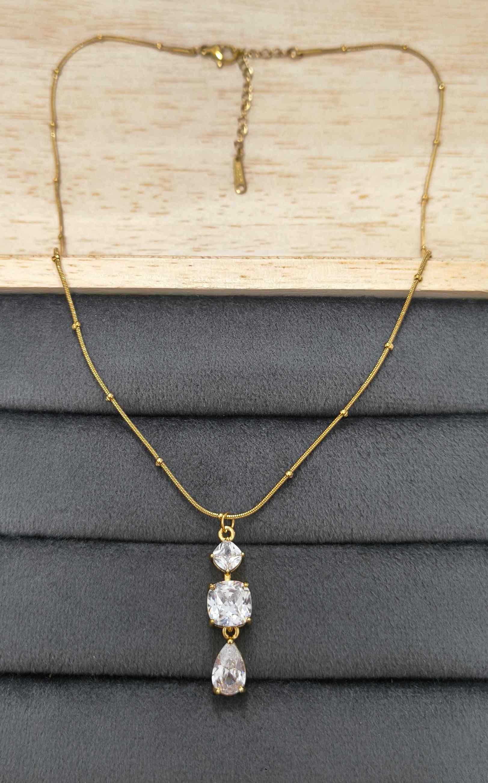 Anti Tarnish Triple Solitaire Drop Necklace 18K Gold Plated