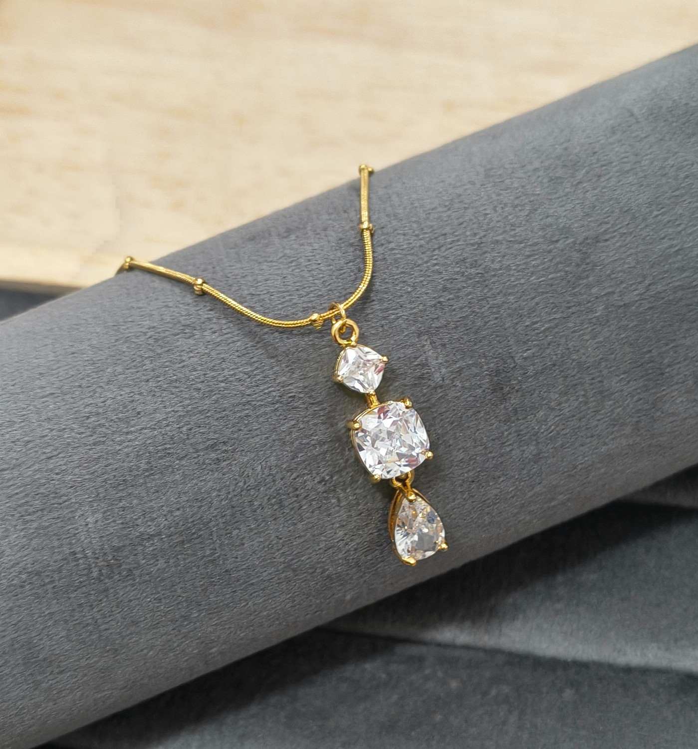 Anti Tarnish Triple Solitaire Drop Necklace 18K Gold Plated