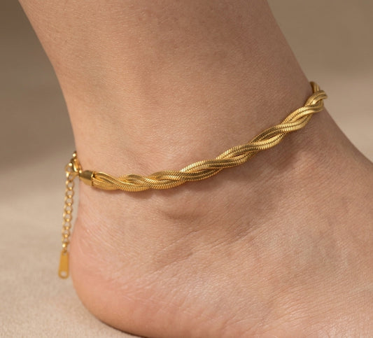 Anti Tarnish Twisted Snake Chain Anklet 18K Gold Plated