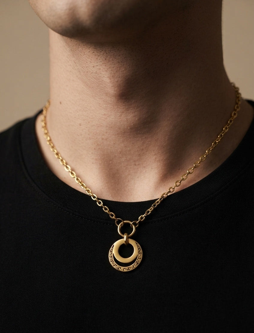 Anti Tarnish Unisex Double Circle Pendant Chain Gold Plated
