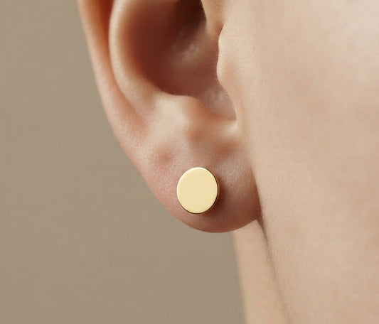 Anti Tarnish Unisex Flat Round Studs 18K Gold Plated