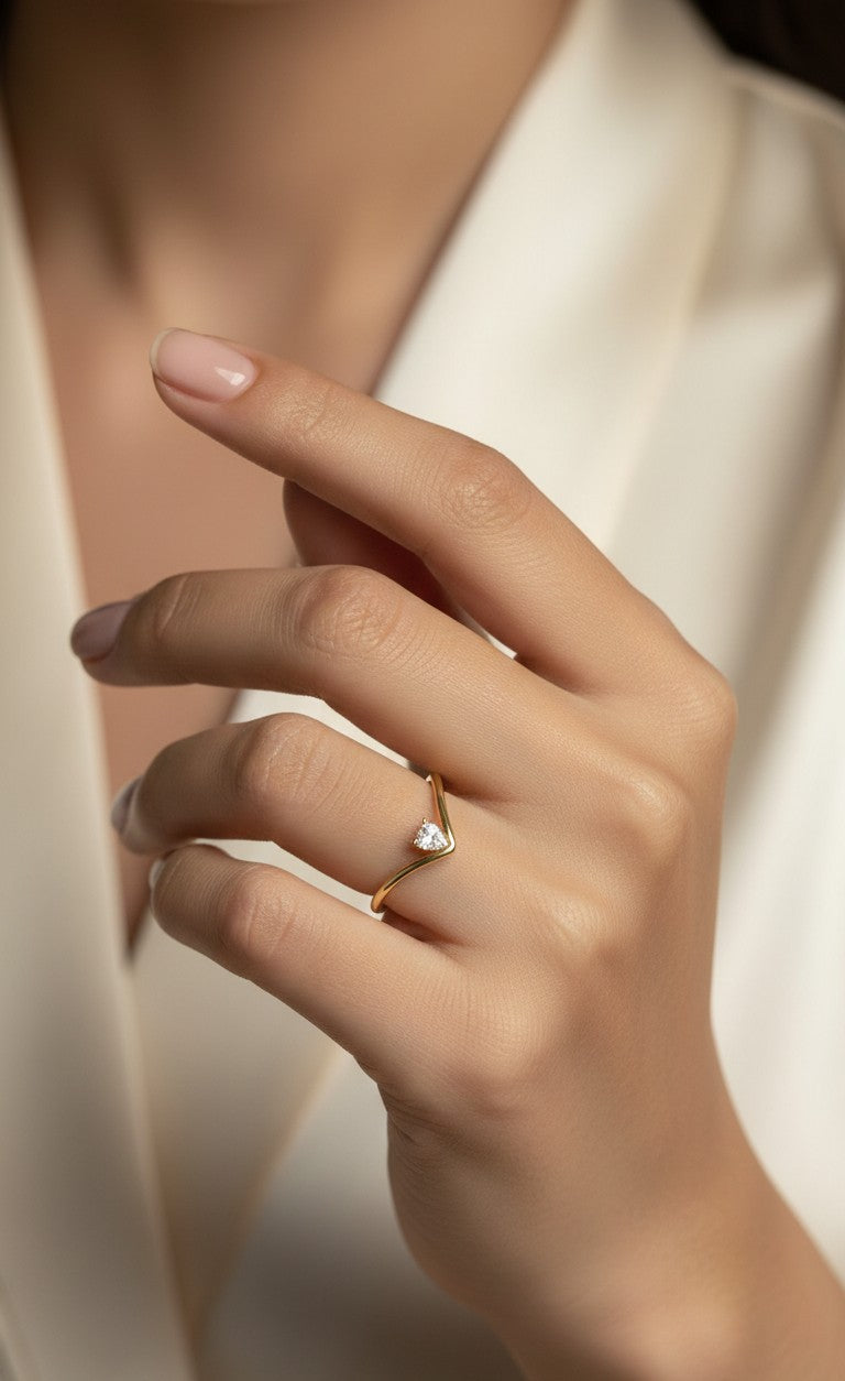 Anti Tarnish Vanky V Shape Solitaire Ring 18K Gold Plated