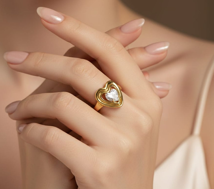 Anti Tarnish Vintage Heart Solitaire Ring 18K Gold Plated