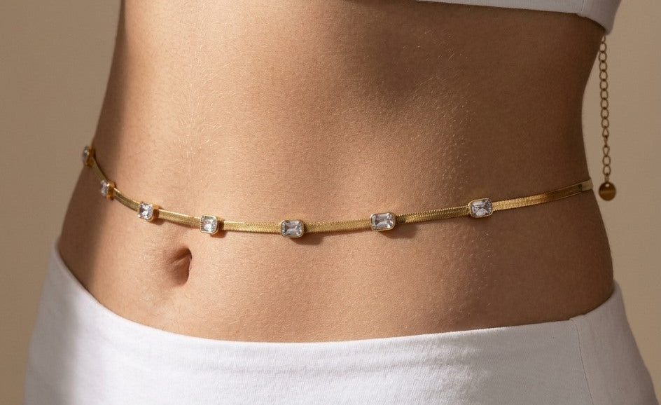 Anti Tarnish Waist Chain Square Crystal Belly Chain 18K Gold
