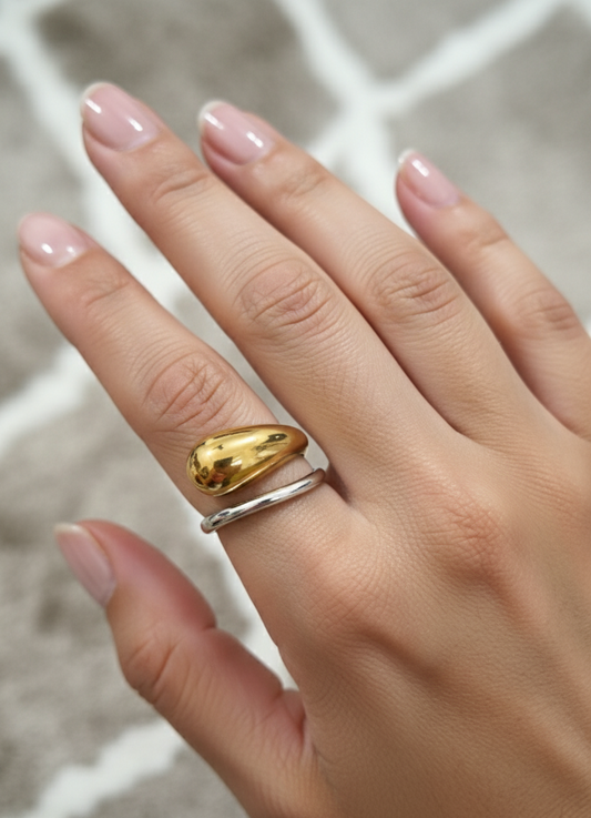 Anti Tarnish Waterdrop Gold Silver Adjustable Ring 18k Gold Plated