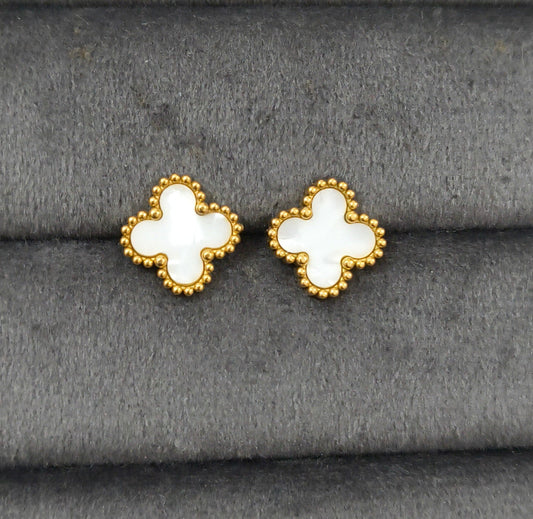 Anti Tarnish White Clover Studs Earring 18K Gold Plated