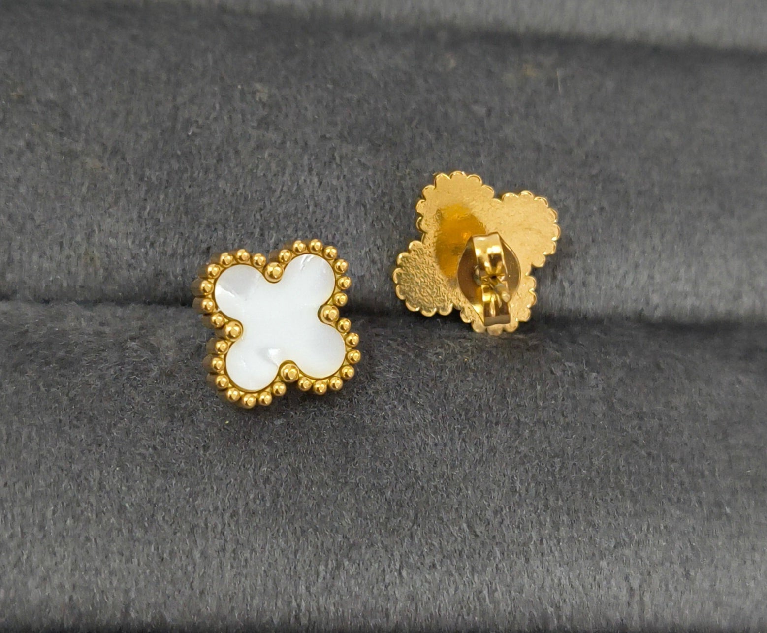 Anti Tarnish White Clover Studs Earring 18K Gold Plated