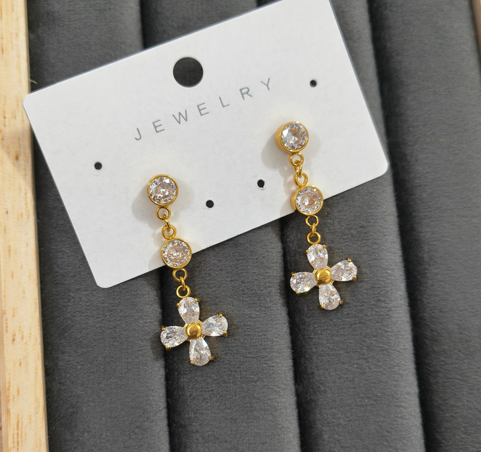 Anti Tarnish White Stone Flower Hanging Earring 18K Gold Plated