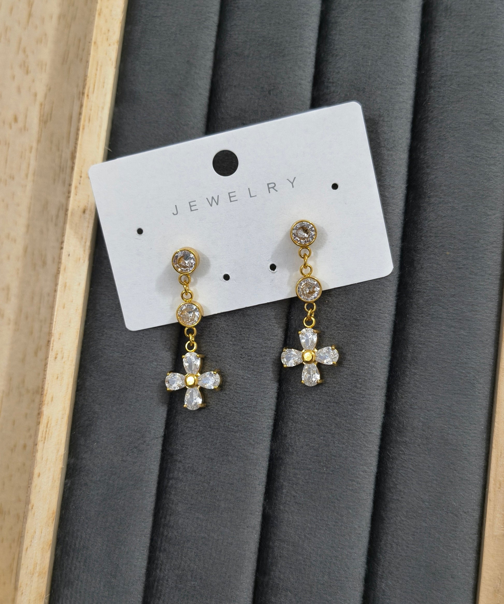 Anti Tarnish White Stone Flower Hanging Earring 18K Gold Plated