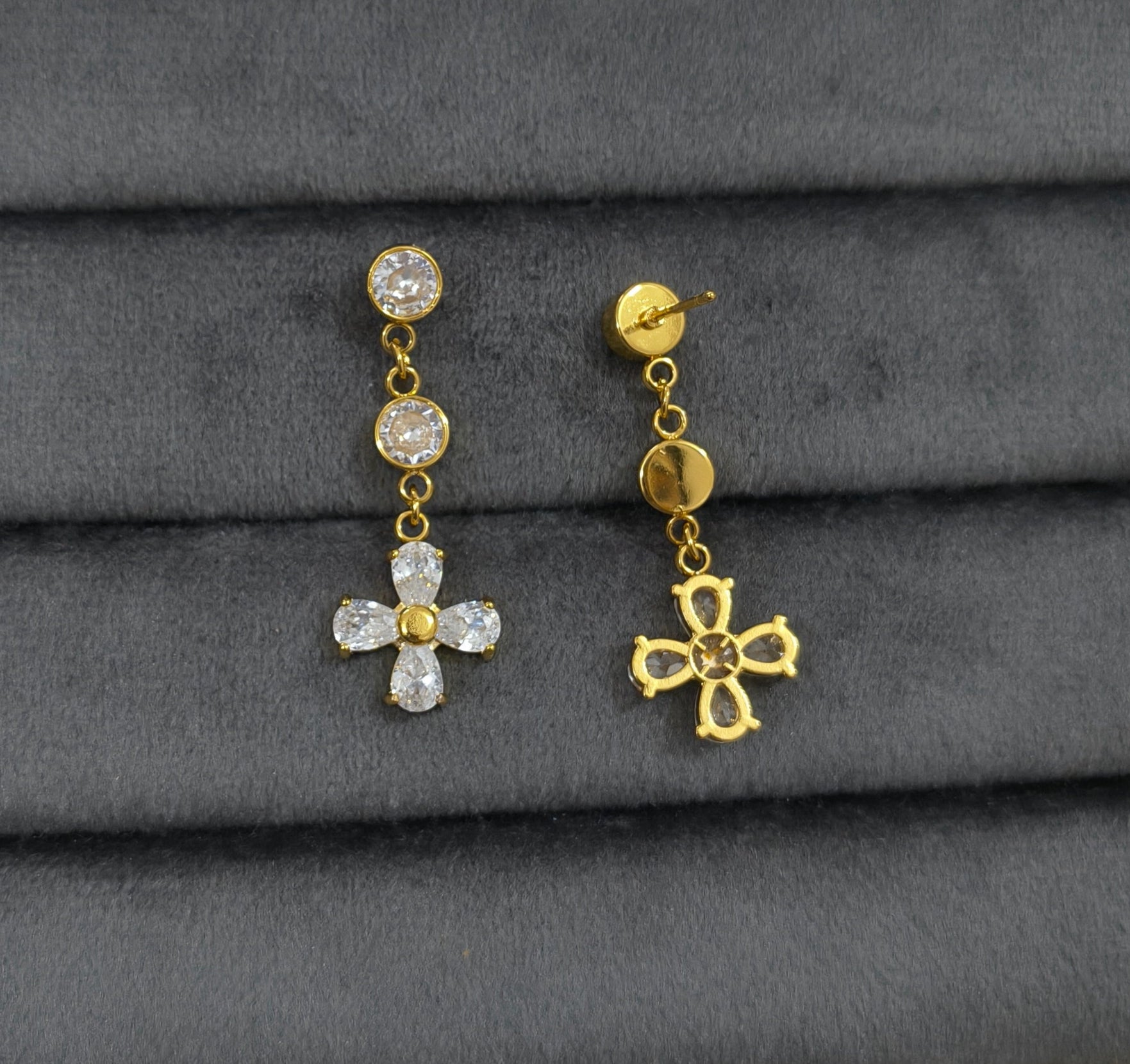 Anti Tarnish White Stone Flower Hanging Earring 18K Gold Plated