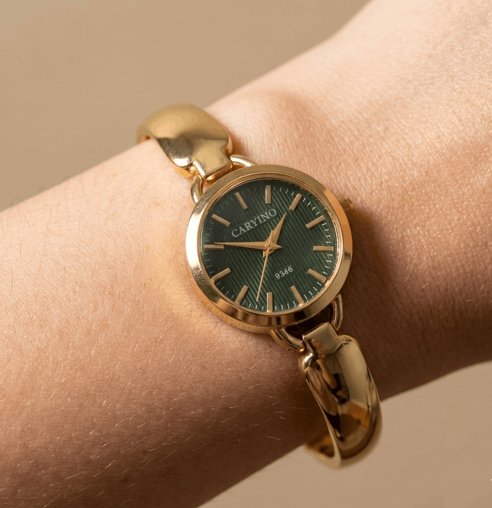 Anti Tarnish Wrist Watch Golden Green Dial 18K Gold Plated