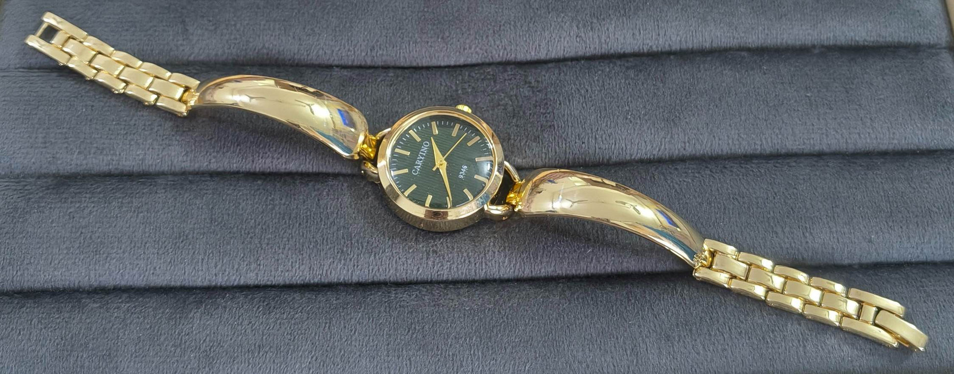 Anti Tarnish Wrist Watch Golden Green Dial 18K Gold Plated