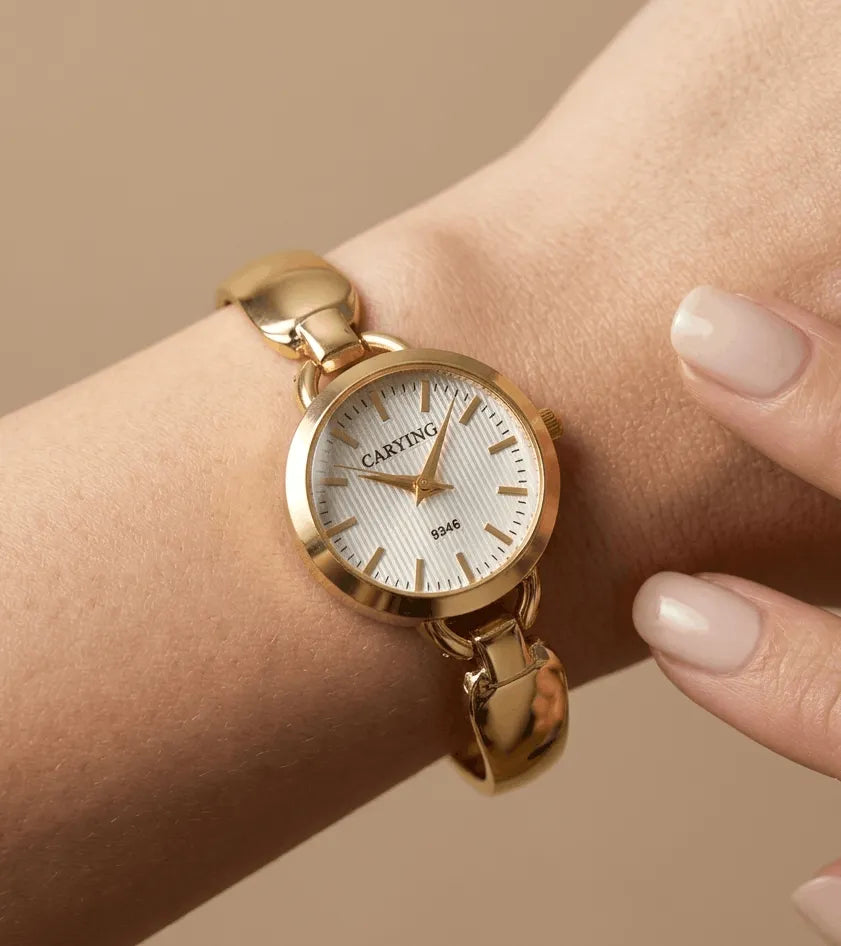 Anti Tarnish Wrist Watch Golden White Dial 18K Gold Plated