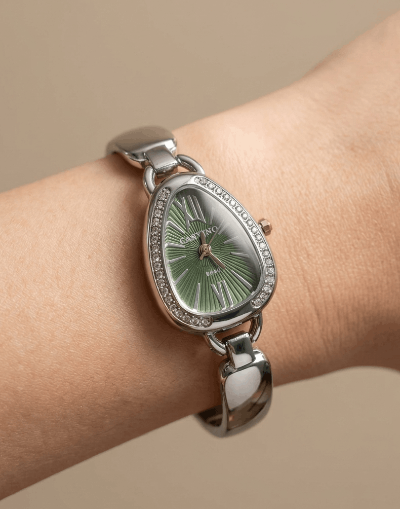 Anti Tarnish Wrist Watch Silver Green Dial 18K Gold Plated