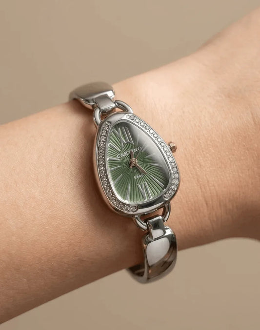 Anti Tarnish Wrist Watch Silver Green Dial 18K Gold Plated
