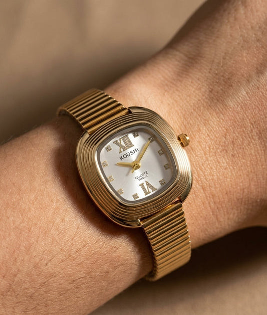 Anti Tarnish Wrist Watch Stone Studded Dial 18K Gold Plated