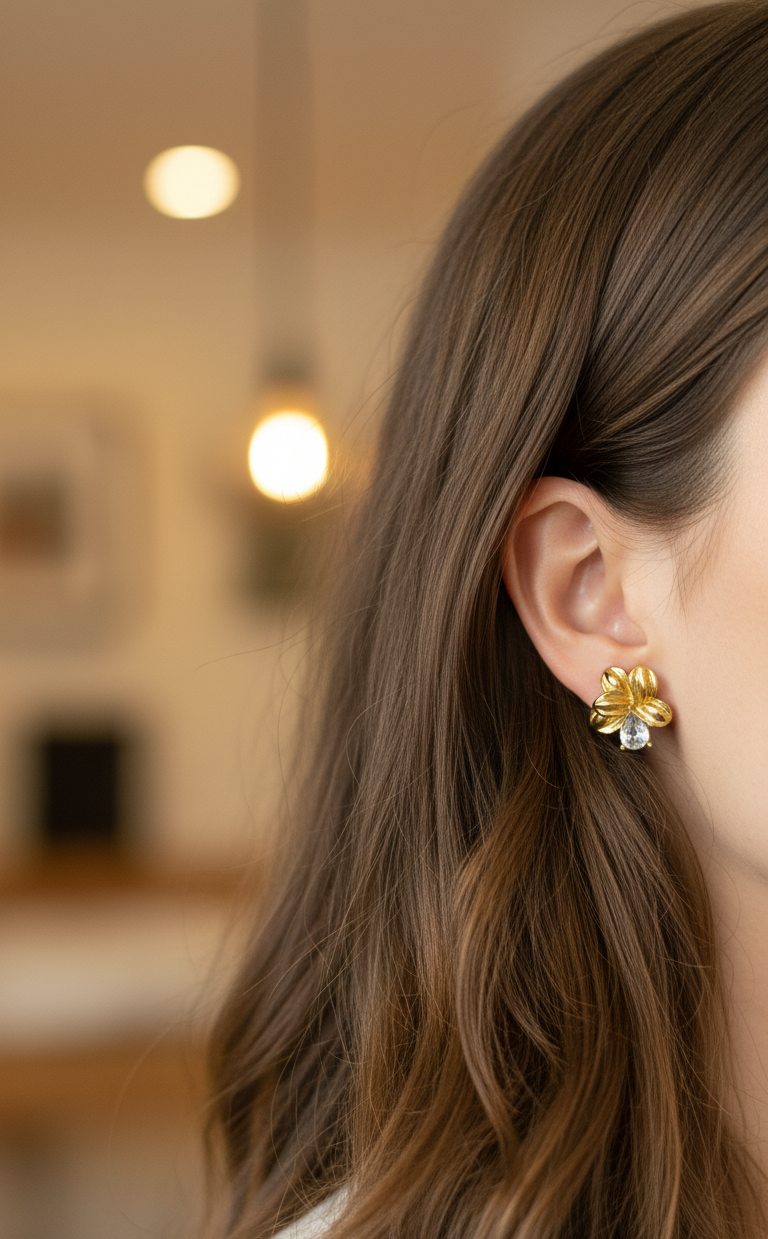 Anti tarnish Premium Diamond Studded Vintage Big Flower Stud Earring 18k Gold PVD Plated