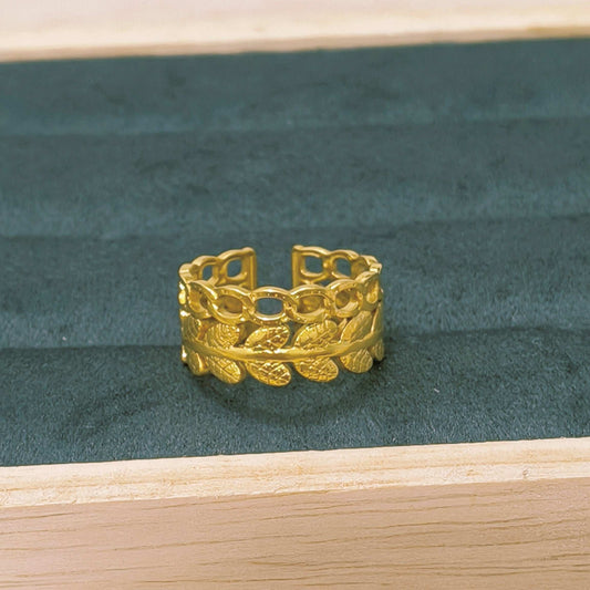 Antitarnish Adjustable Link Leaf Ring 18K Gold Plated