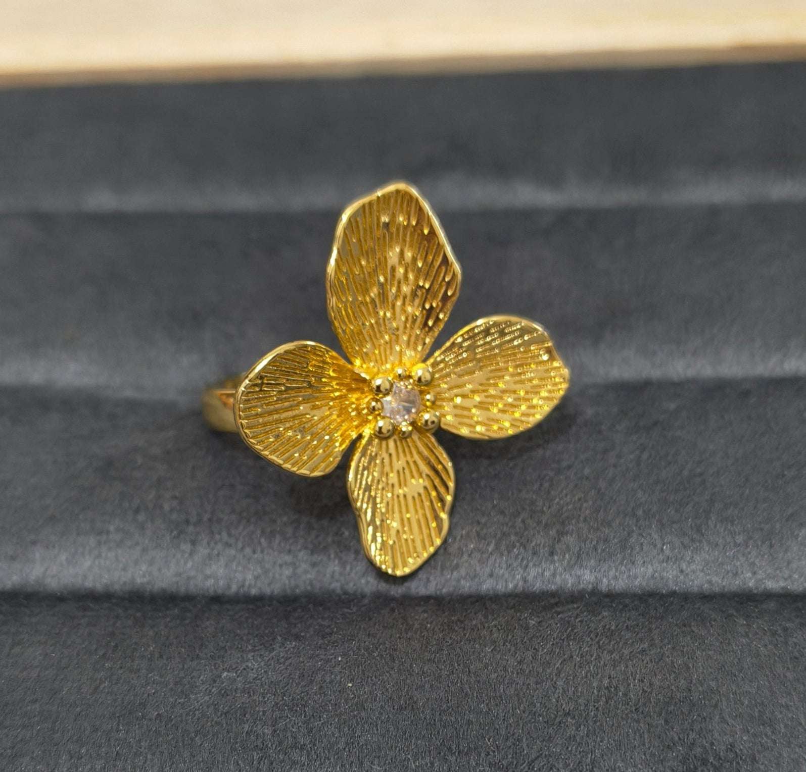 Antitarnish Bright Gold Plated Chunky Floral Statement Ring