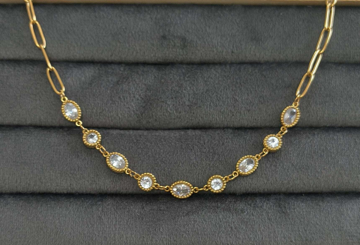 Antitarnish Clear Charms Paperclip Necklace 18K Gold Plated