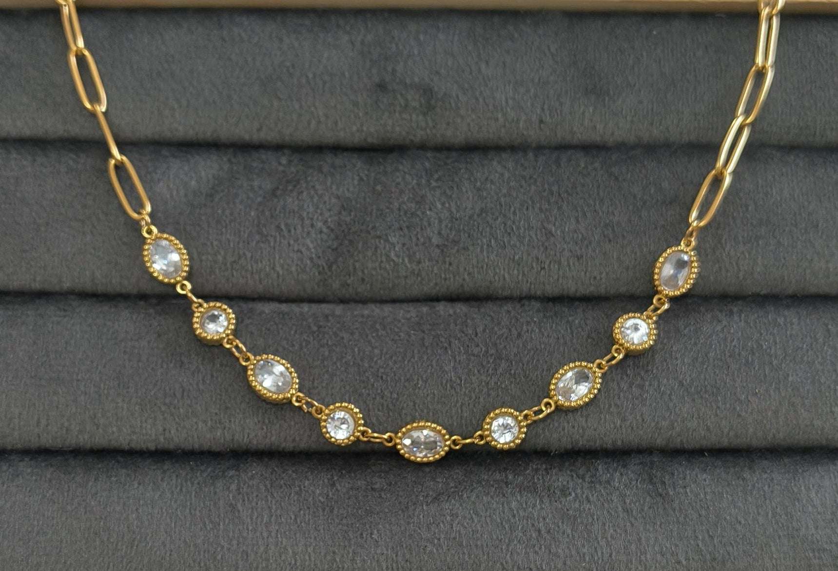 Antitarnish Clear Charms Paperclip Necklace 18K Gold Plated