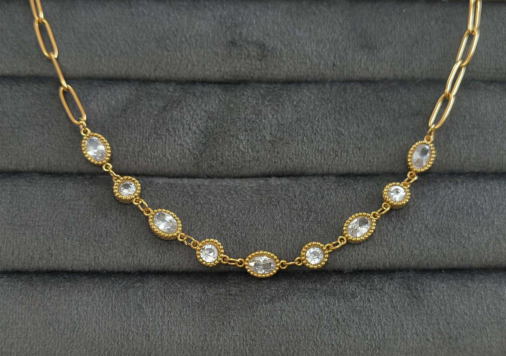 Antitarnish Clear Charms Paperclip Necklace 18K Gold Plated