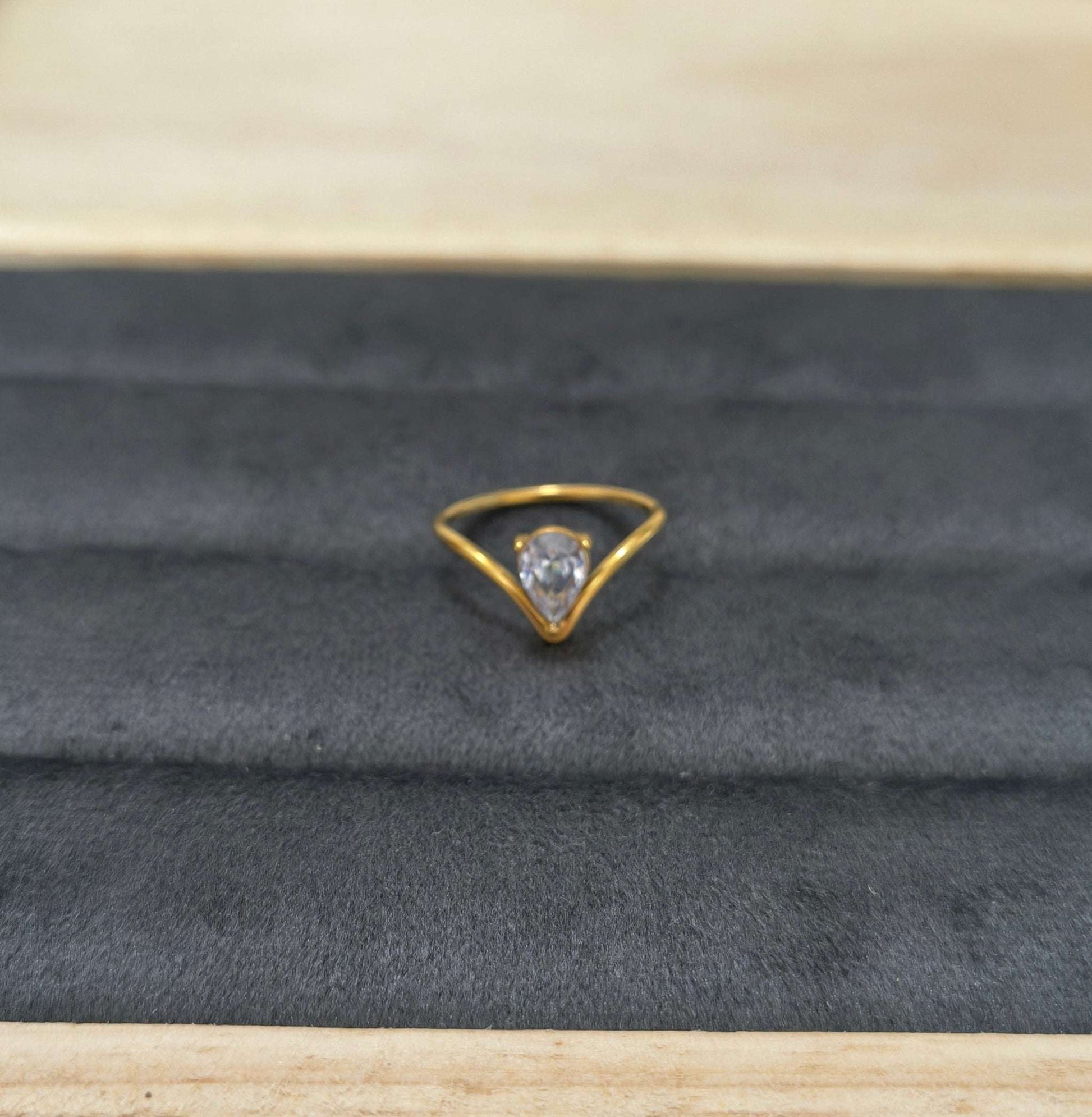 Antitarnish Dainty Pear Solitaire V Cut Ring 18K Gold Plated