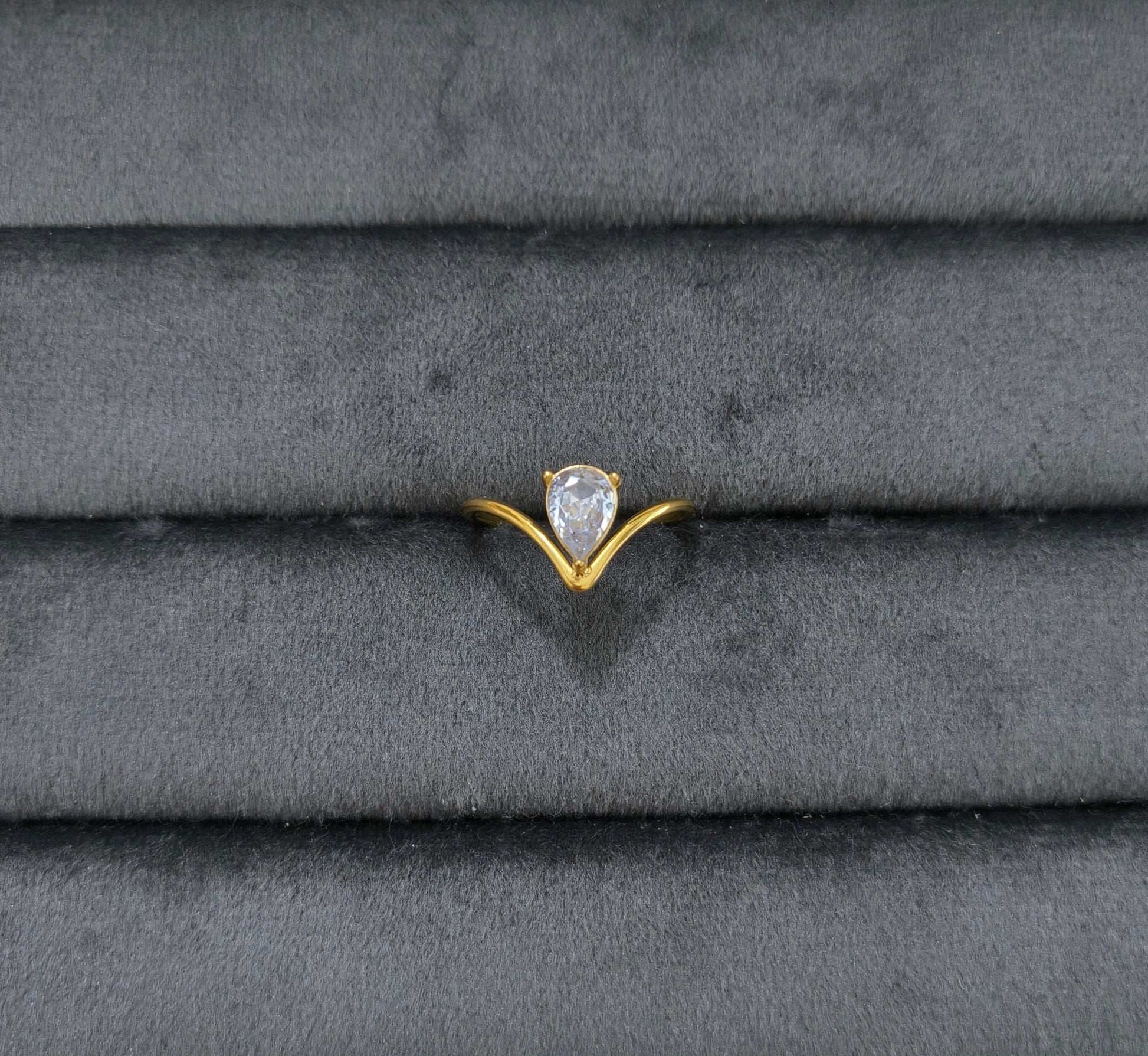 Antitarnish Dainty Pear Solitaire V Cut Ring 18K Gold Plated