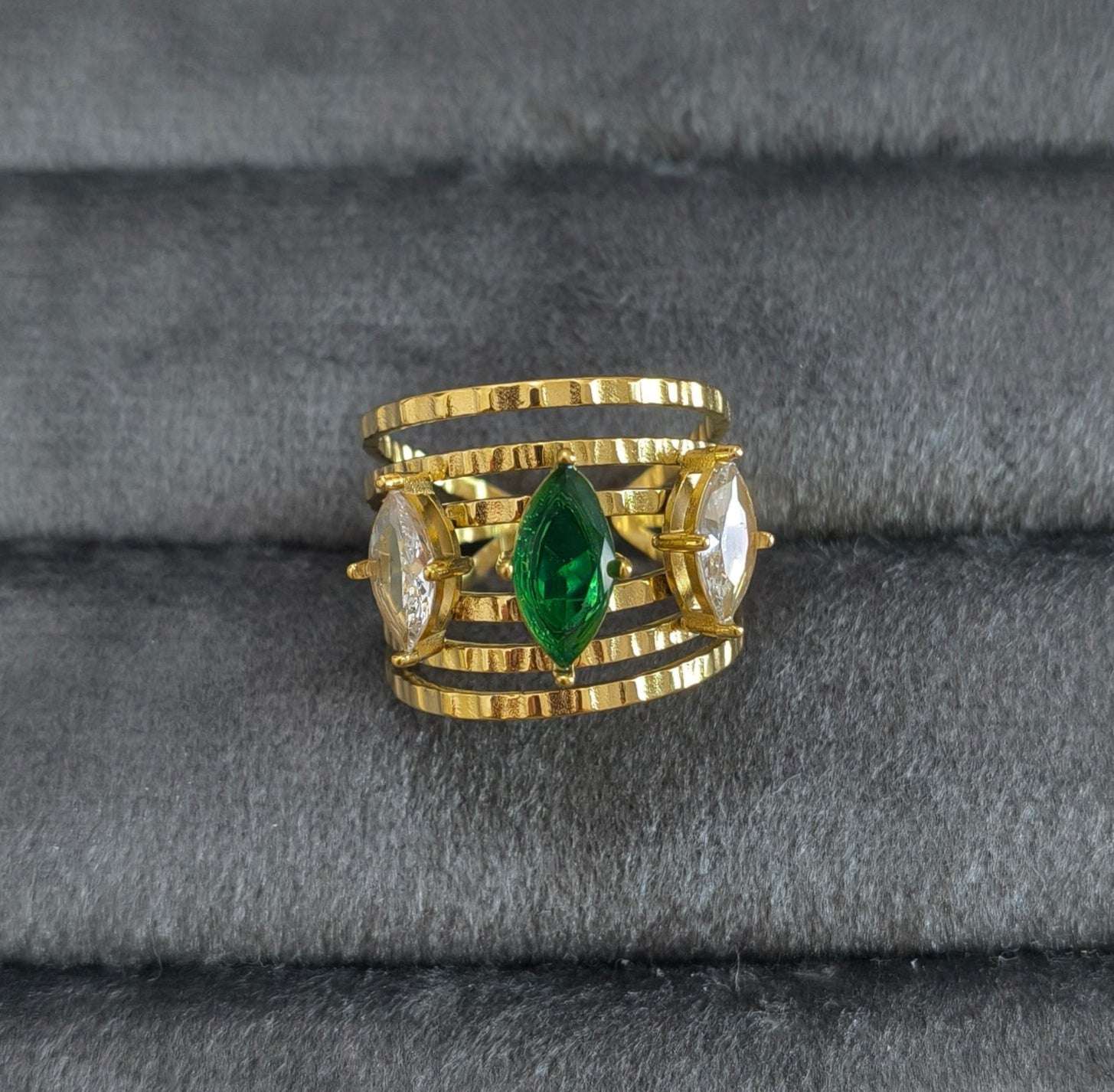 Antitarnish Emerald Diamond Multi Layered Ring 18K Gold Plated
