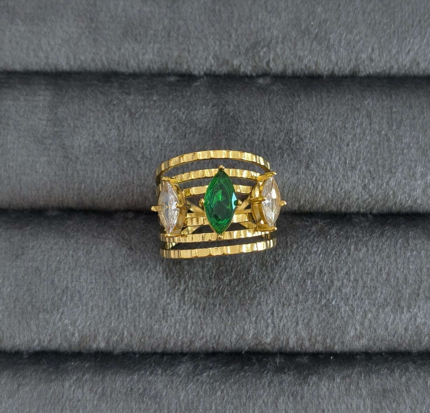 Antitarnish Emerald Diamond Multi Layered Ring 18K Gold Plated
