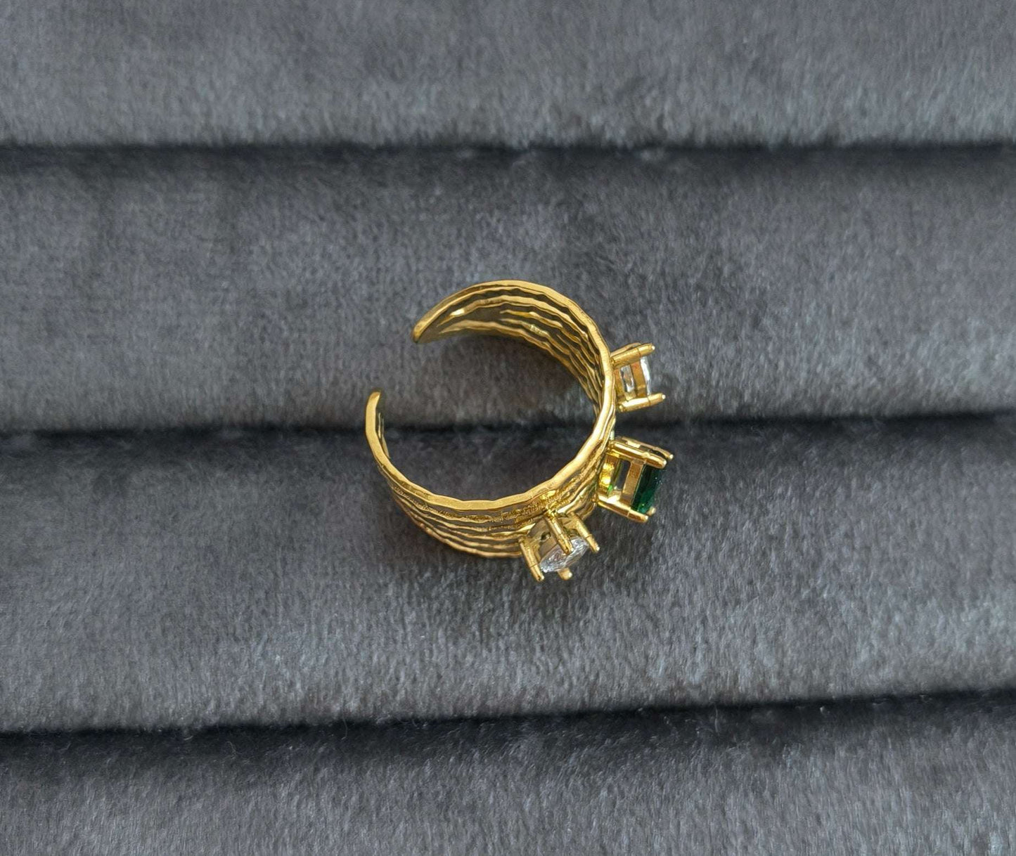 Antitarnish Emerald Diamond Multi Layered Ring 18K Gold Plated