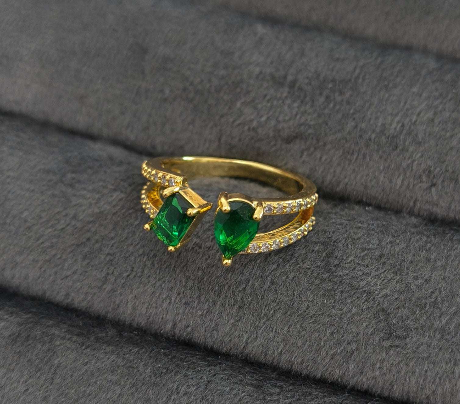Antitarnish Emerald Green Dual Stone Ring 18K Gold Plated