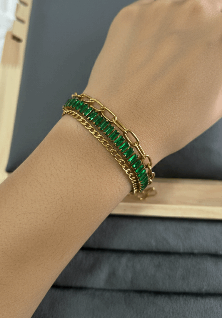 Antitarnish Emeralds & Paperclip Chain Bracelet 18K Gold Plated