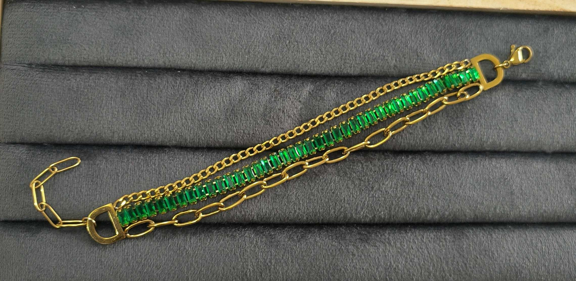 Antitarnish Emeralds & Paperclip Chain Bracelet 18K Gold Plated