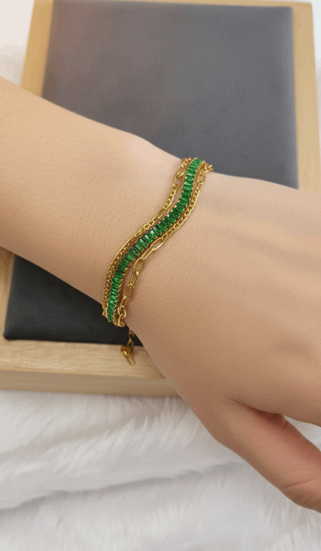 Antitarnish Emeralds & Paperclip Chain Bracelet 18K Gold Plated