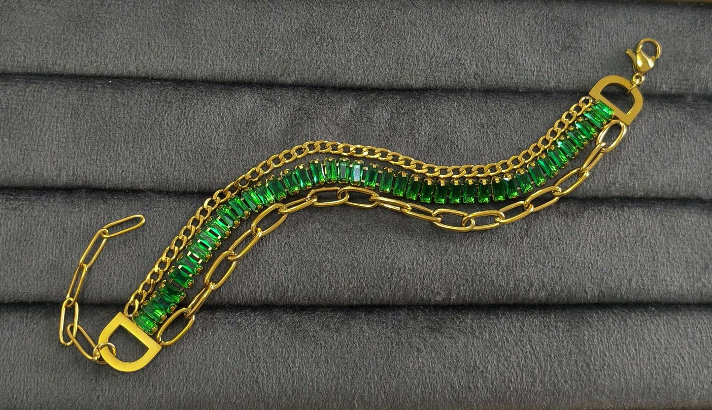 Antitarnish Emeralds & Paperclip Chain Bracelet 18K Gold Plated