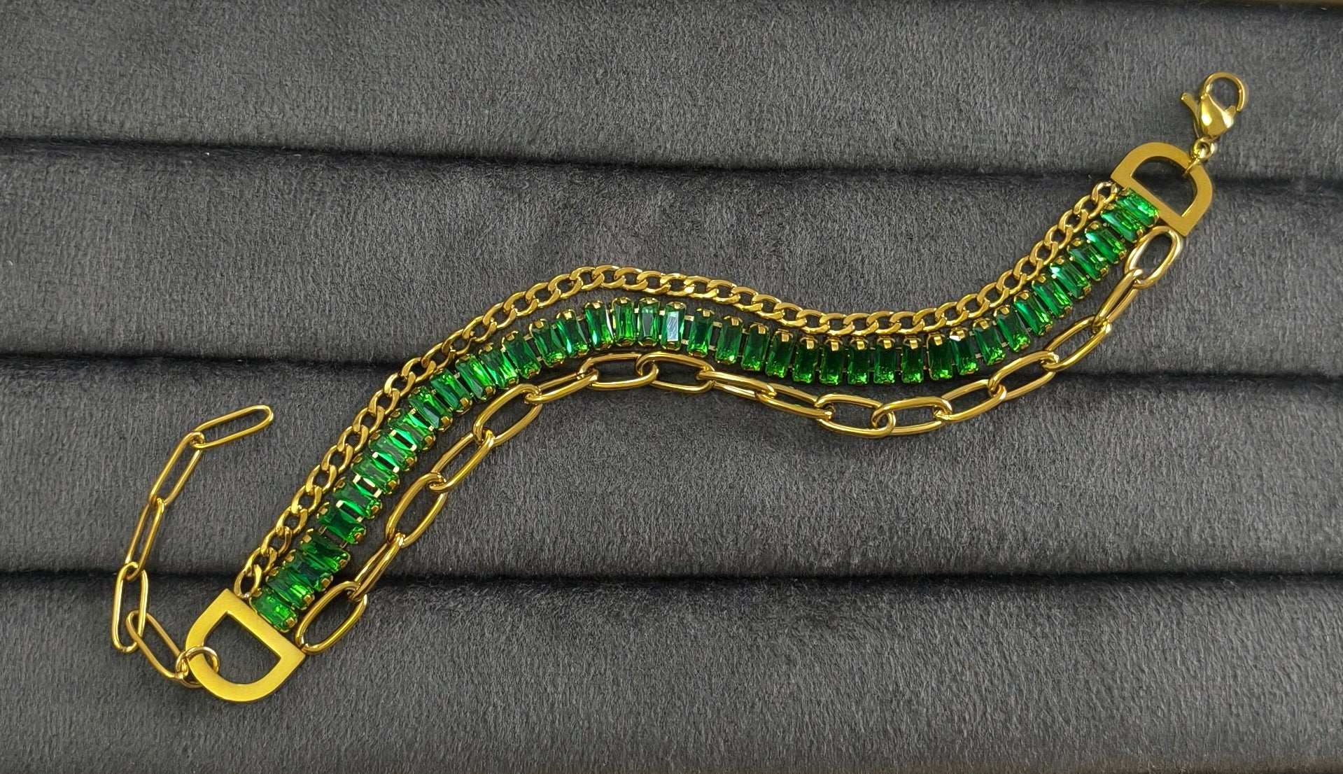 Antitarnish Emeralds & Paperclip Chain Bracelet 18K Gold Plated