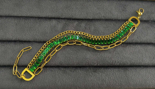 Antitarnish Emeralds & Paperclip Chain Bracelet 18K Gold Plated