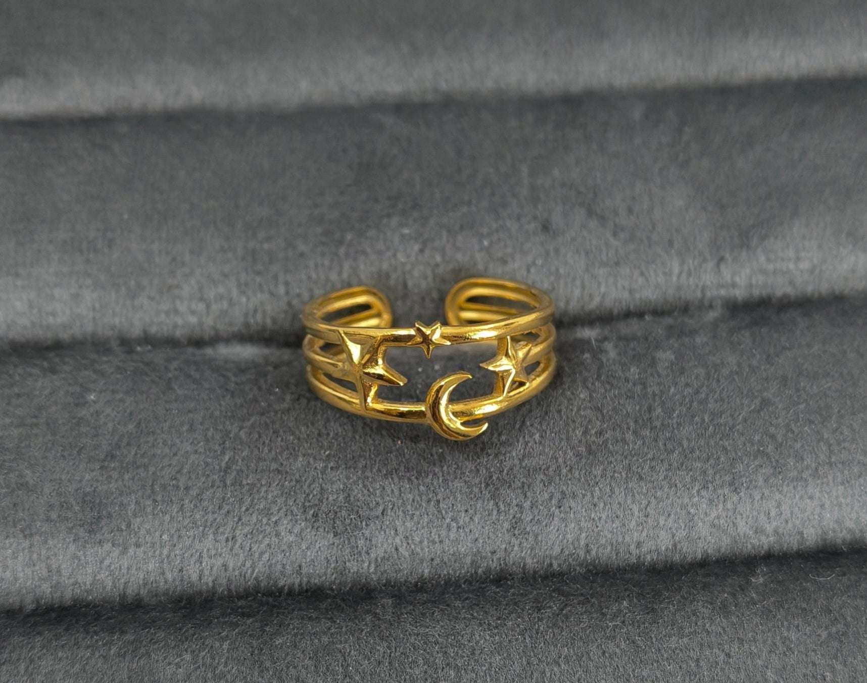 Antitarnish Golden Moon Stars Theme Ring 18K Gold Plated