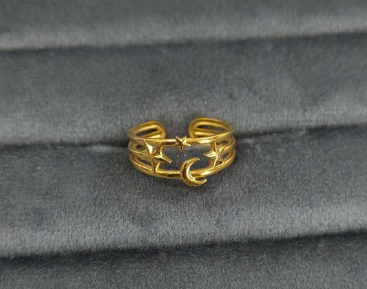 Antitarnish Golden Moon Stars Theme Ring 18K Gold Plated