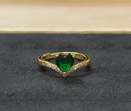 Antitarnish Green Heart V Cut Solitaire Ring 18K Gold Plated