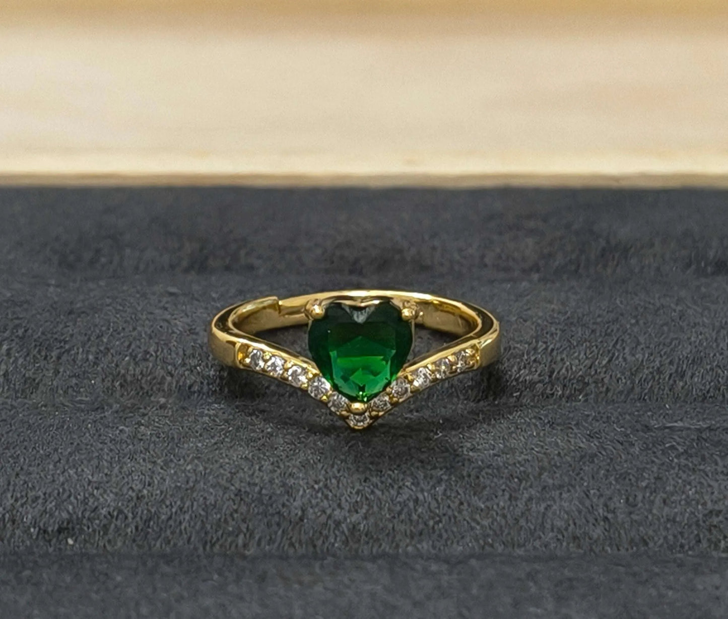 Antitarnish Green Heart V Cut Solitaire Ring 18K Gold Plated