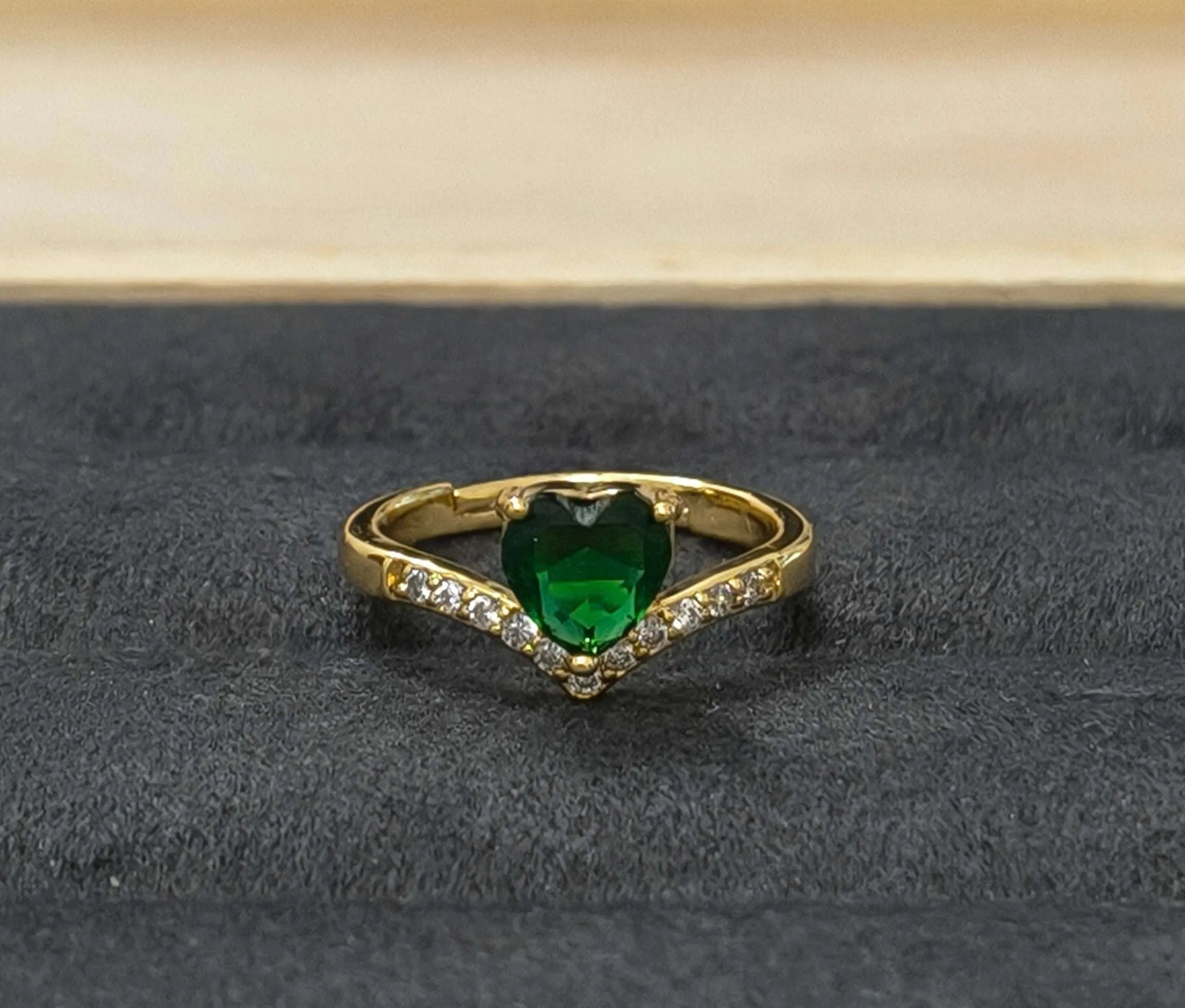 Antitarnish Green Heart V Cut Solitaire Ring 18K Gold Plated