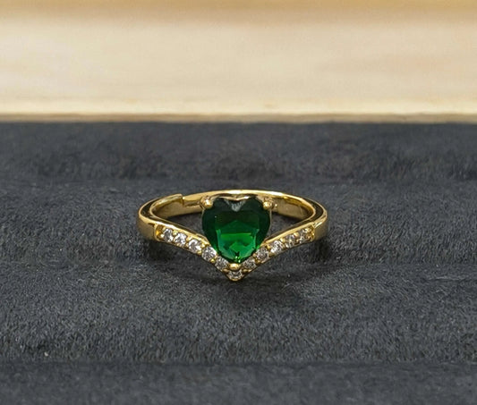 Antitarnish Green Heart V Cut Solitaire Ring 18K Gold Plated
