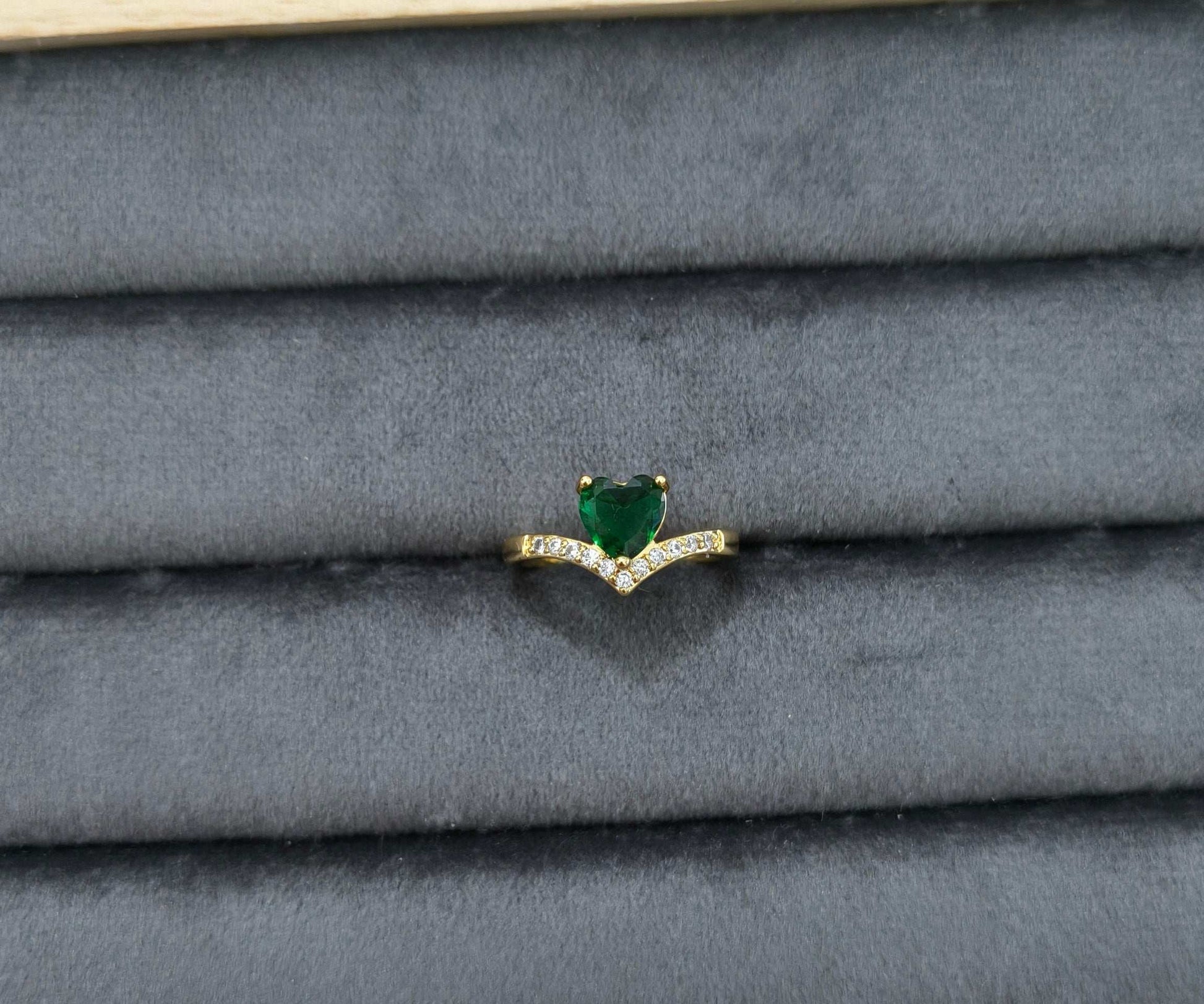 Antitarnish Green Heart V Cut Solitaire Ring 18K Gold Plated