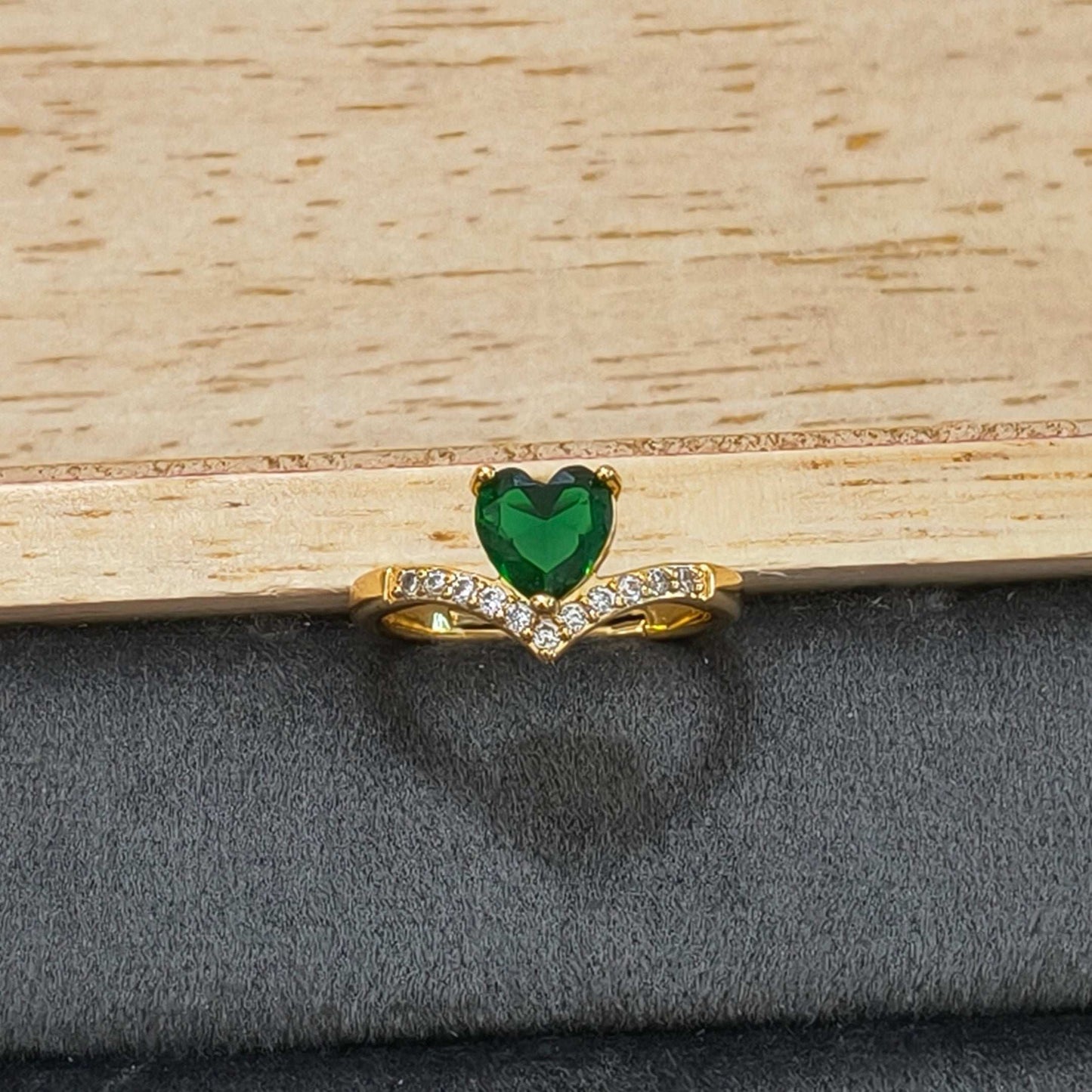 Antitarnish Green Heart V Cut Solitaire Ring 18K Gold Plated