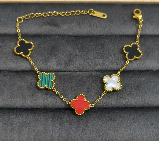 Antitarnish Multicolor Clover Chain Bracelet 18K Gold Plated