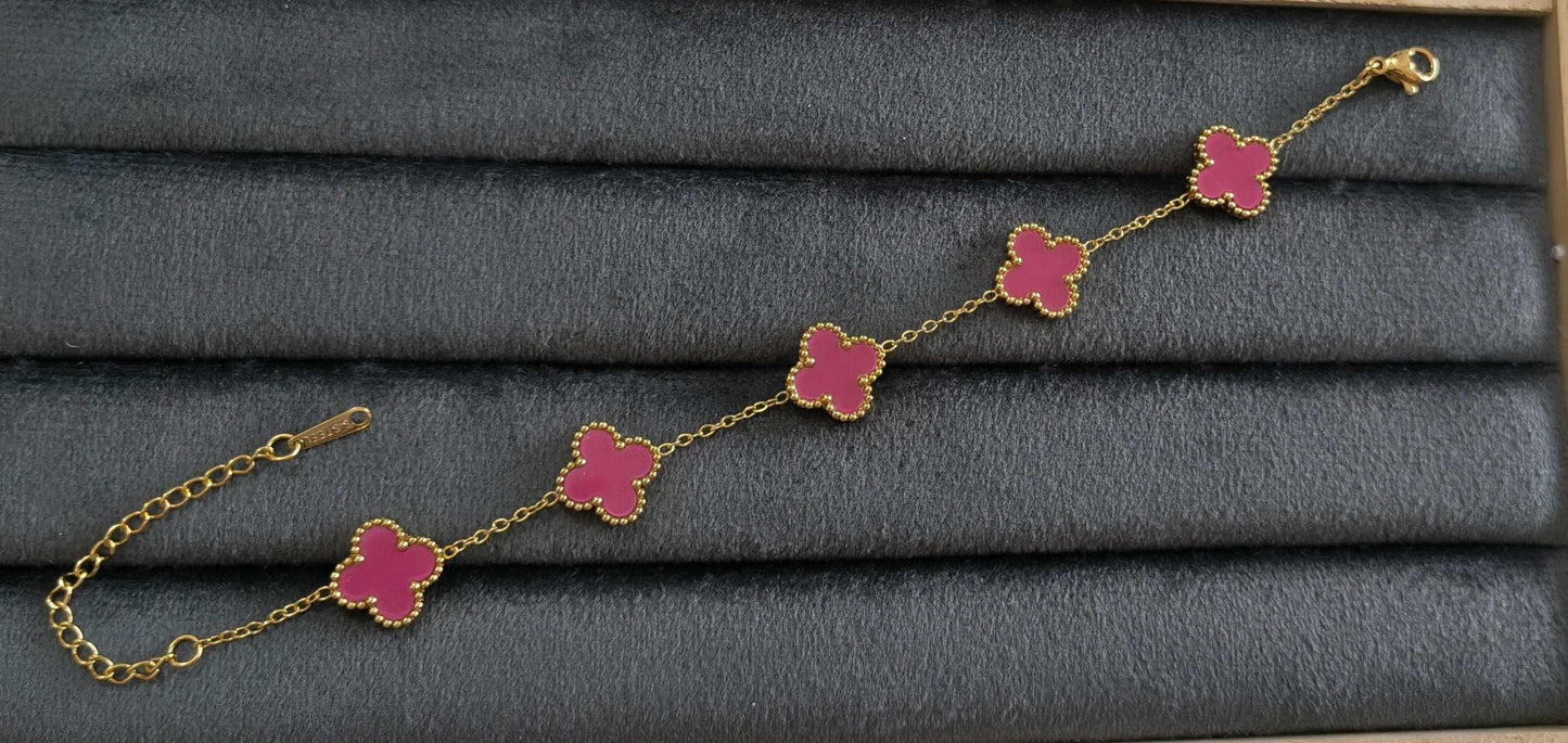 Antitarnish Reversible Dark Pink Clover Chain Bracelet