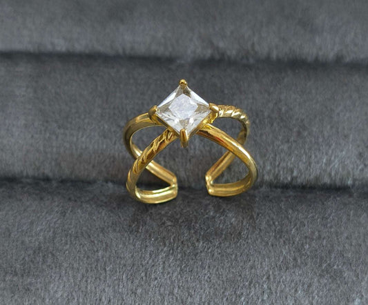 Antitarnish Square Solitaire Ring 18K Gold Plated Adjustable