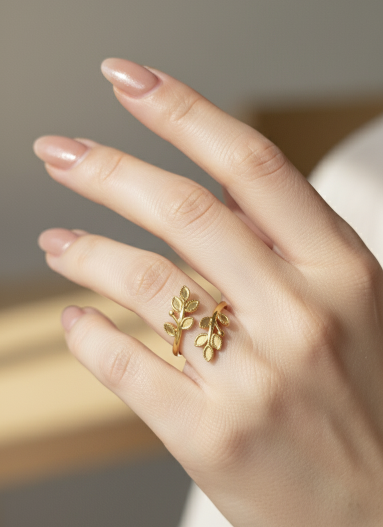 Antitarnish Adjustable Leaf Shape Ring 18K Gold Plated